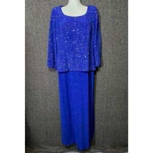 Alex Evenings Dress Womens 12 Blue Slinky Knit Glitter Long Sleeve MOB Formal